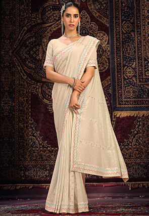 Embroidered Georgette Saree in Cream