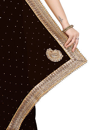 Embroidered Georgette Saree in Dark Brown