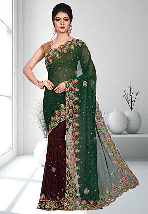 Embroidered Georgette Saree in Dark Green and Dark Brown