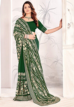 Embroidered Georgette Saree in Dark Green