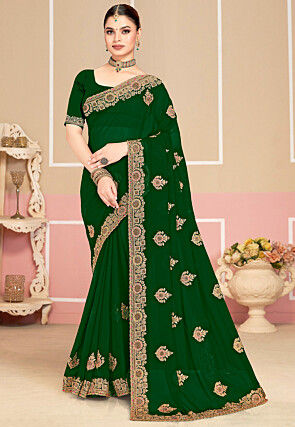 Embroidered Georgette Saree in Dark Green