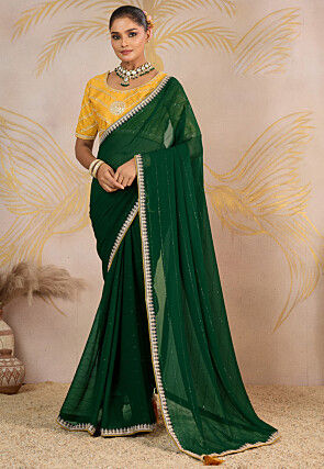 Embroidered Georgette Saree in Dark Green