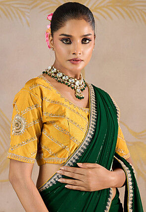 Embroidered Georgette Saree in Dark Green
