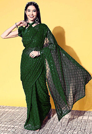 Embroidered Georgette Saree in Dark Green