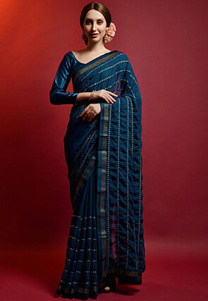 Embroidered Georgette Saree in Dark Teal Blue