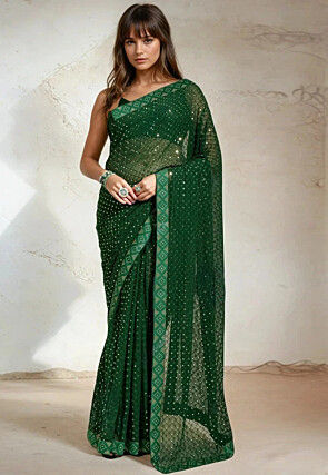 Embroidered Georgette Saree in Green