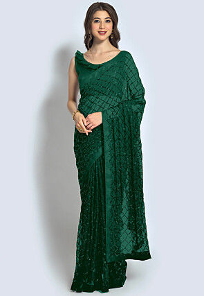 Embroidered Georgette Saree in Green