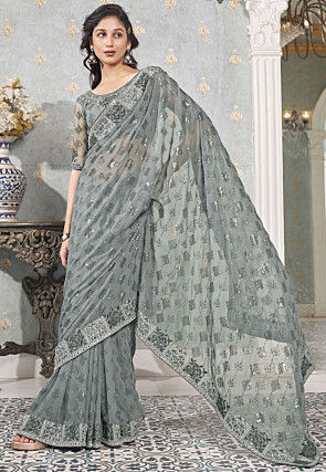 Embroidered Georgette Saree in Grey