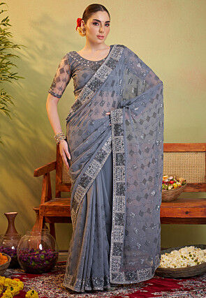Embroidered Georgette Saree in Grey