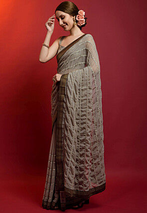 Embroidered Georgette Saree in Grey