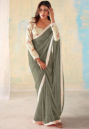 Embroidered Georgette Saree in Grey