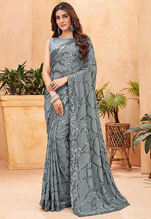 Embroidered Georgette Saree in Grey