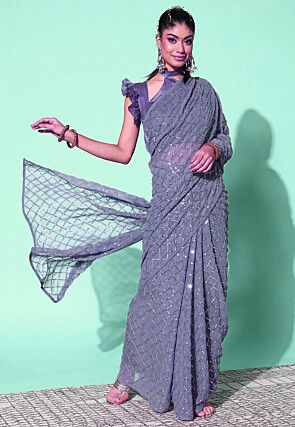 Embroidered Georgette Saree in Light Blue