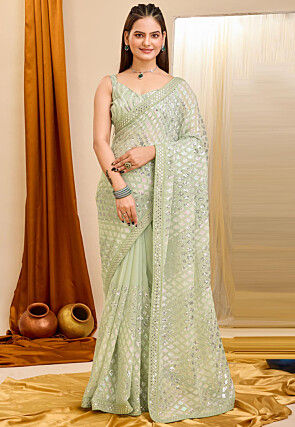 Green Embroidered Shimmer Georgette Saree main image 1