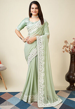 Embroidered Georgette Saree in Light Green
