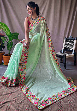 Embroidered Georgette Saree in Light Green