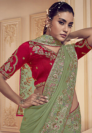 Embroidered Georgette Saree in Light Olive Green