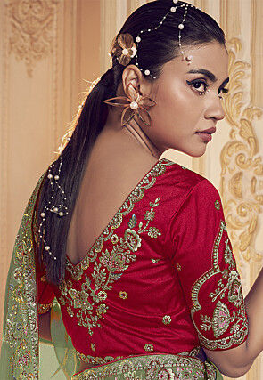 Embroidered Georgette Saree in Light Olive Green