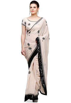 Embroidered Georgette Saree in Light Peach