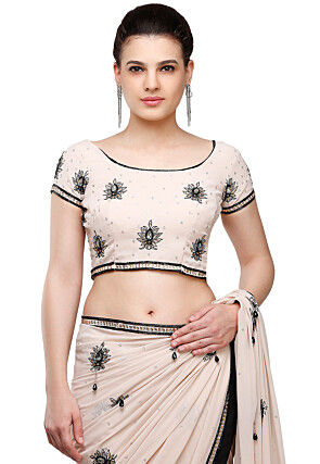 Embroidered Georgette Saree in Light Peach