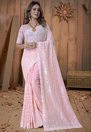 Embroidered Georgette Saree in Light Pink