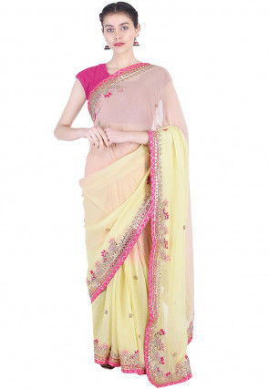 Embroidered Georgette Saree in Light Yellow