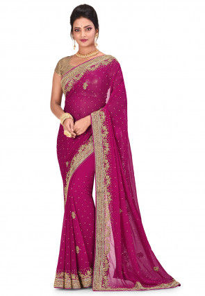 Embroidered Georgette Saree in Magenta