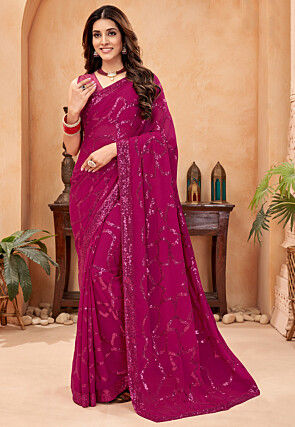 Embroidered Georgette Saree in Fuschia