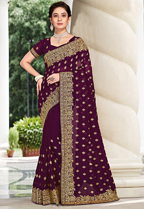 Embroidered Georgette Saree in Wine