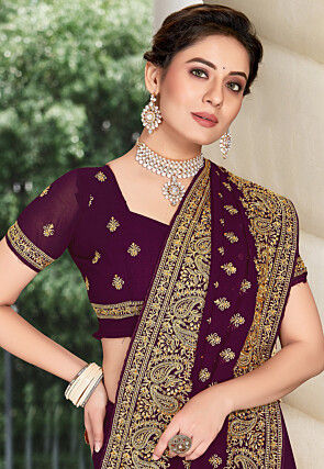 Embroidered Georgette Saree in Wine