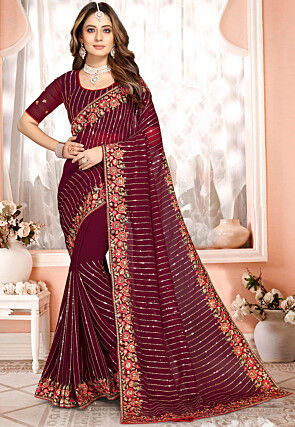 Buy Dark blue and red barfi silk Indian wedding Saree in UK, USA and Canada