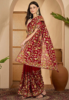 Embroidered Georgette Saree in Maroon