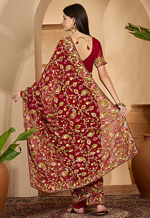 Embroidered Georgette Saree in Maroon