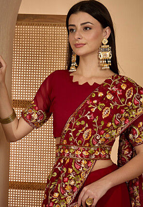 Embroidered Georgette Saree in Maroon
