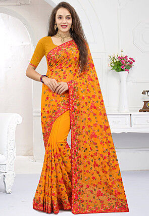 Embroidered Georgette Saree in Mustard