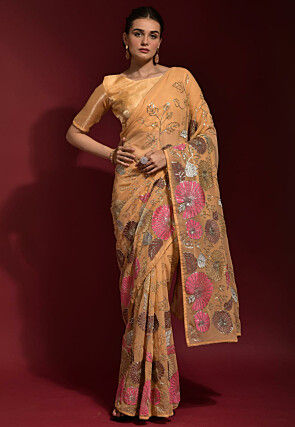 Embroidered Georgette Saree in Beige