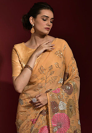 Embroidered Georgette Saree in Beige