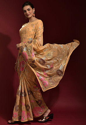 Embroidered Georgette Saree in Beige