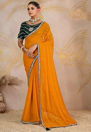 Embroidered Georgette Saree in Mustard