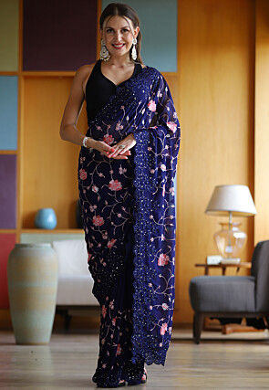 Embroidered Georgette Saree in Navy Blue