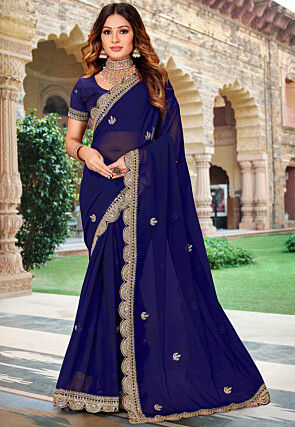 Buy Navy Blue Sequins Embroidered Ready Blouse Lycra Saree Online
