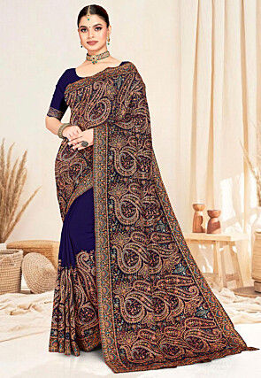 Embroidered Georgette Saree in Navy Blue