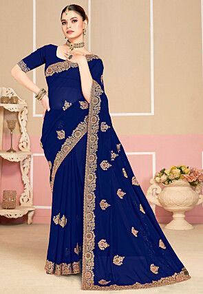 Embroidered Georgette Saree in Navy Blue