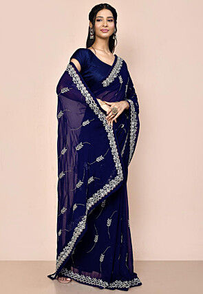 Embroidered Georgette Saree in Navy Blue