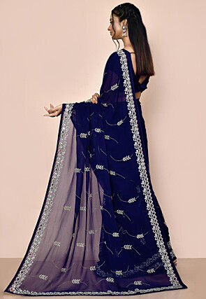 Embroidered Georgette Saree in Navy Blue