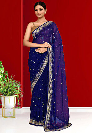 Embroidered Georgette Saree in Navy Blue