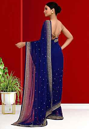 Embroidered Georgette Saree in Navy Blue