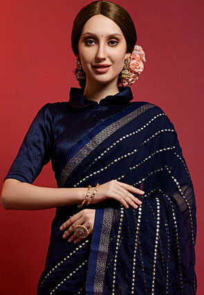 Embroidered Georgette Saree in Navy Blue