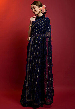 Embroidered Georgette Saree in Navy Blue
