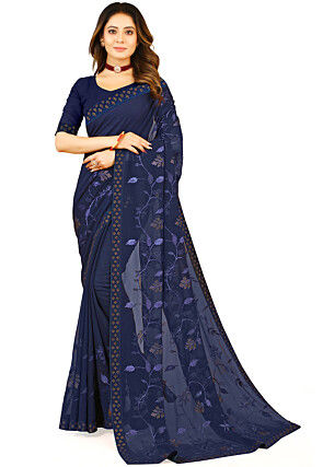 Embroidered Georgette Saree in Navy Blue